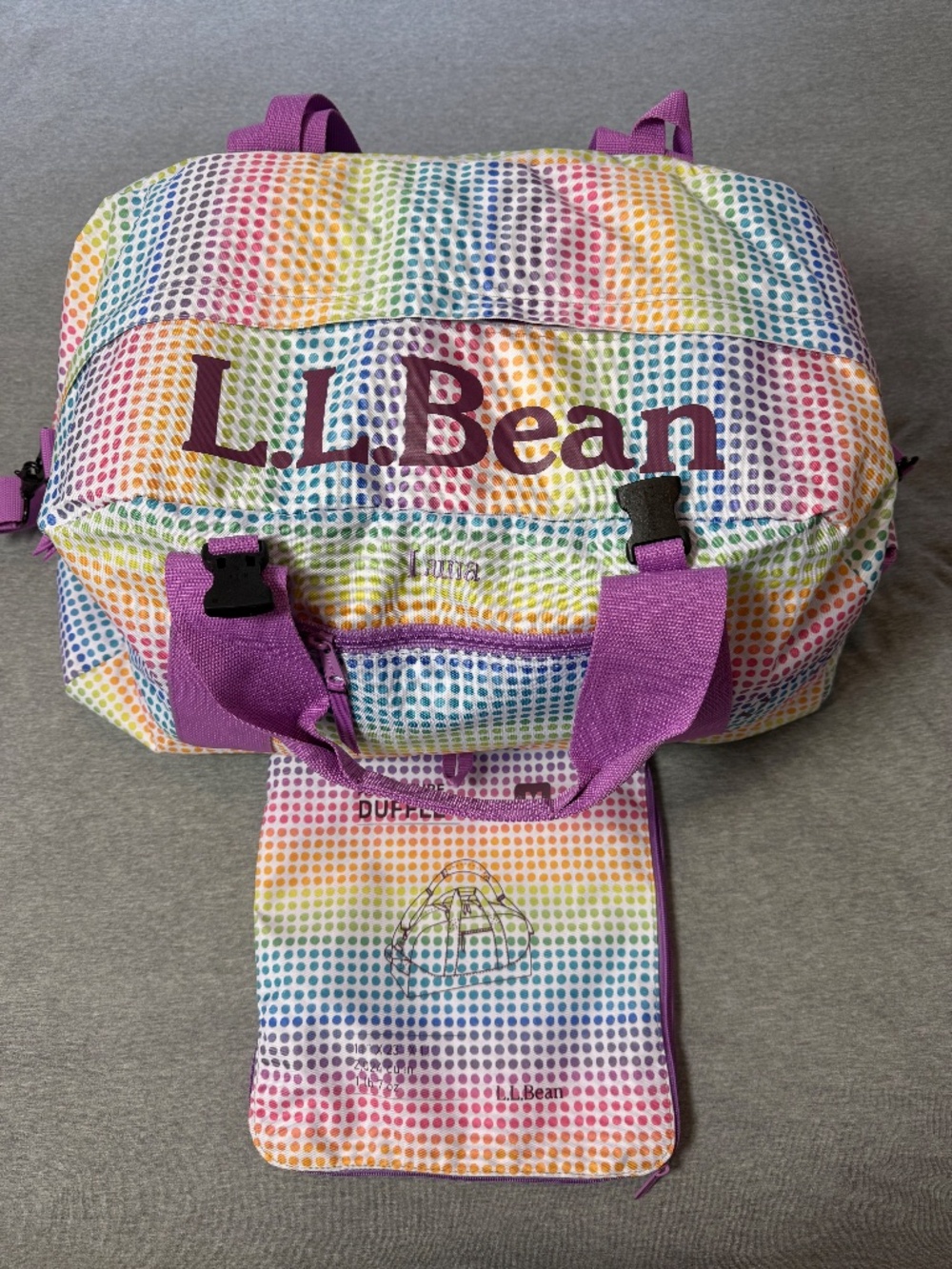 L.L.Bean duffle bag with rainbow polka dots and purple straps brand new